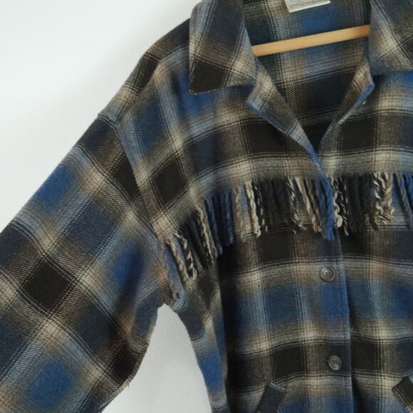 Vintage Large Shacket Oversized Western Shadow Plaid Fringe 90s Wool Blend - Picture 9 of 10